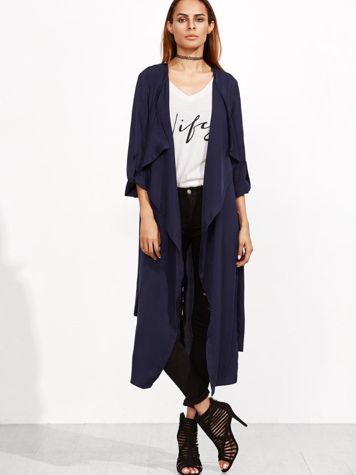 Shein Navy Waterfall Collar Wrap Coat