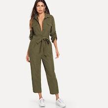 Shein Roll Tab Sleeve Button Front Self Belted Jumpsuit