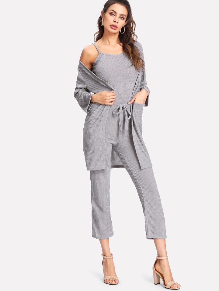 Shein Ribbed Cami Top&drawstring Waist Pants&coat