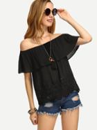 Shein Flounce Layered Neckline Tassel Lace Crochet Trim Top