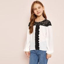 Shein Girls Contrast Lace Pleated Detail Top