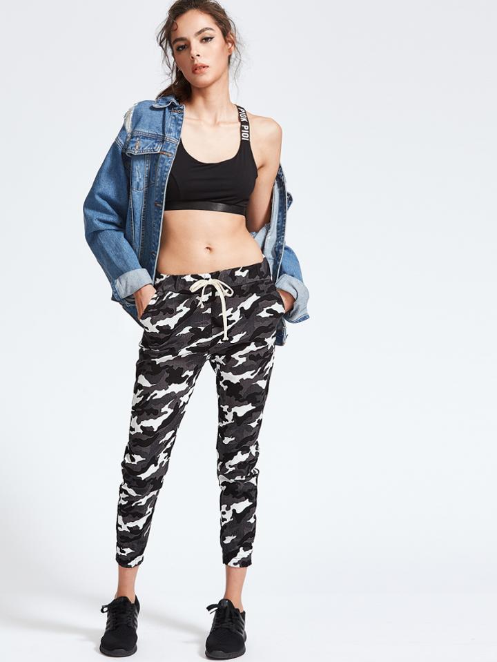 Shein Camouflage Print Drawstring Waist Ankle Pants