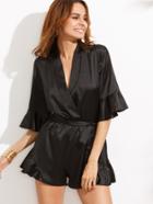 Shein Black V Neck Ruffle Sleeve Wrap Romper