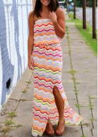 Rosewe Colorful Chevron Print Strapless Slit Maxi Dress
