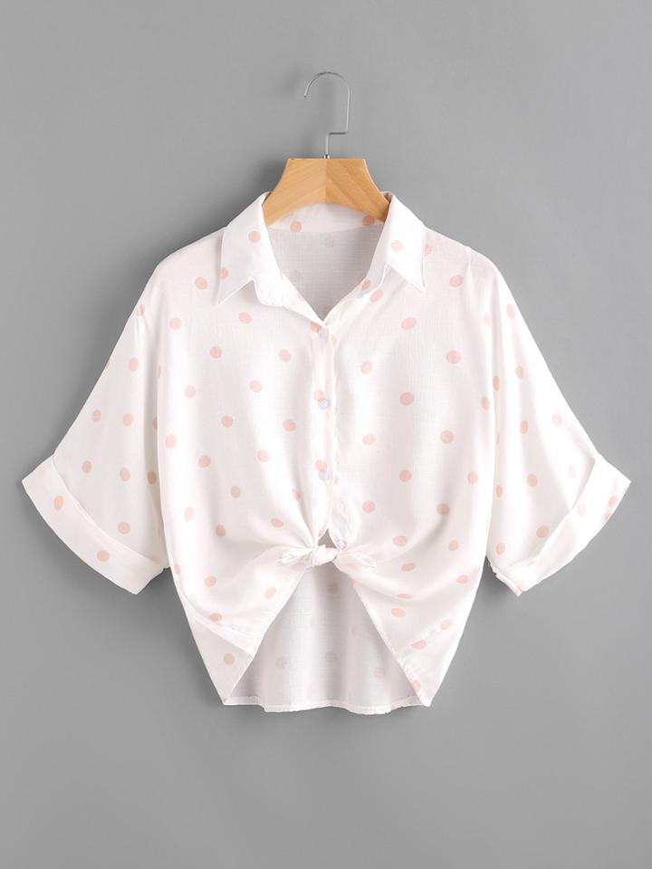Shein Polka Dot Knot Front Dip Hem Shirt