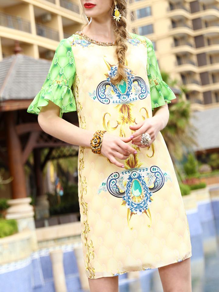 Shein Bell Sleeve Beading Tribal Print Dress