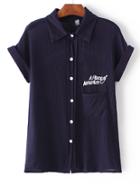 Shein Navy Roll-up Collar Short Sleeve Embroidered Blouse