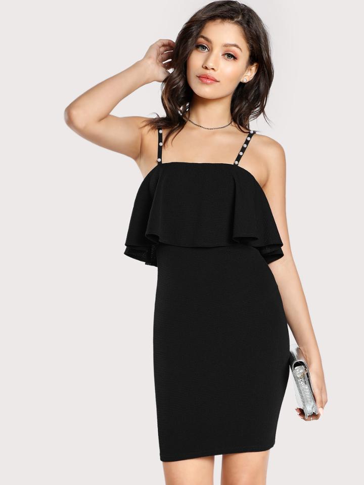 Shein Pearl Beaded Strap Flounce Textured Dress