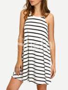 Shein Black White Sleeveless Striped Pockets Shift Dress