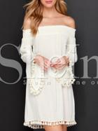 Shein White Flutter Long Sleeve Sweet Mature Lovely Adorable Off The Shoulder Tassel Dress