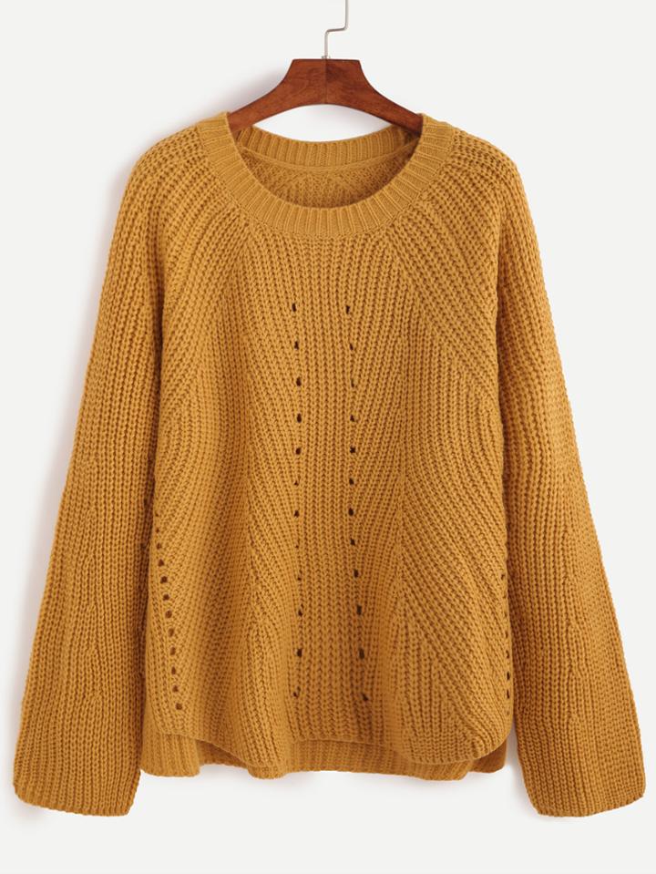 Shein Yellow Eyelet High Low Sweater