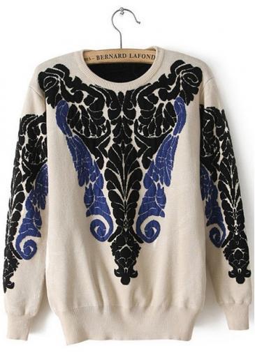 Rosewe Cute Flowers Print Long Sleeve Beige Sweaters For Women