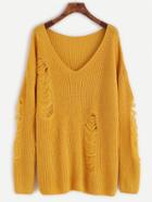 Shein Yellow V Neck Drop Shoulder Ripped Sweater