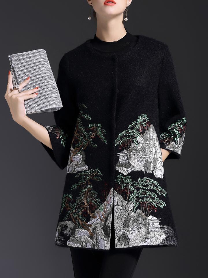 Shein Black Crew Neck Embroidered Pockets Coat