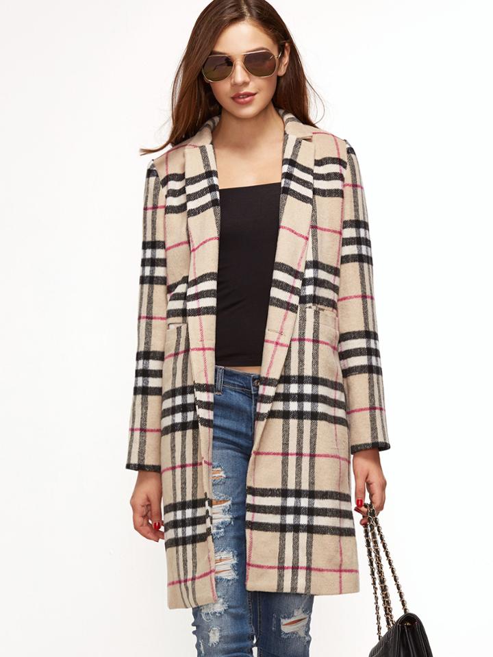 Shein Khaki Plaid Single Button Pocket Front Overcoat