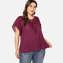 Shein Plus Tie Neck Lace Applique Flutter Sleeve Top
