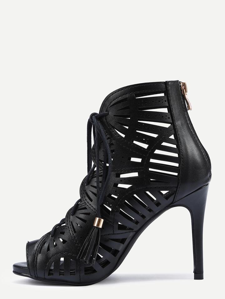 Shein Black Peep Toe Lace Up High Heeled Sandals