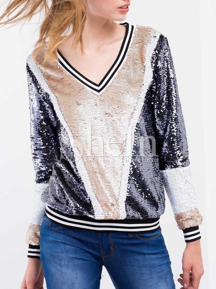 Shein Navy Apricot Long Sleeve Color Block Sequined Sweatshirt