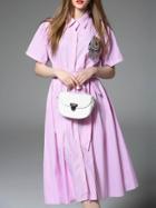 Shein Pink Lapel Beading Tie-waist Striped Dress