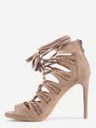 Shein Faux Suede Lace-up Platform Heels - Beige