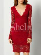 Shein Red Plunge V Back Embroidered Lace Sheath Dress