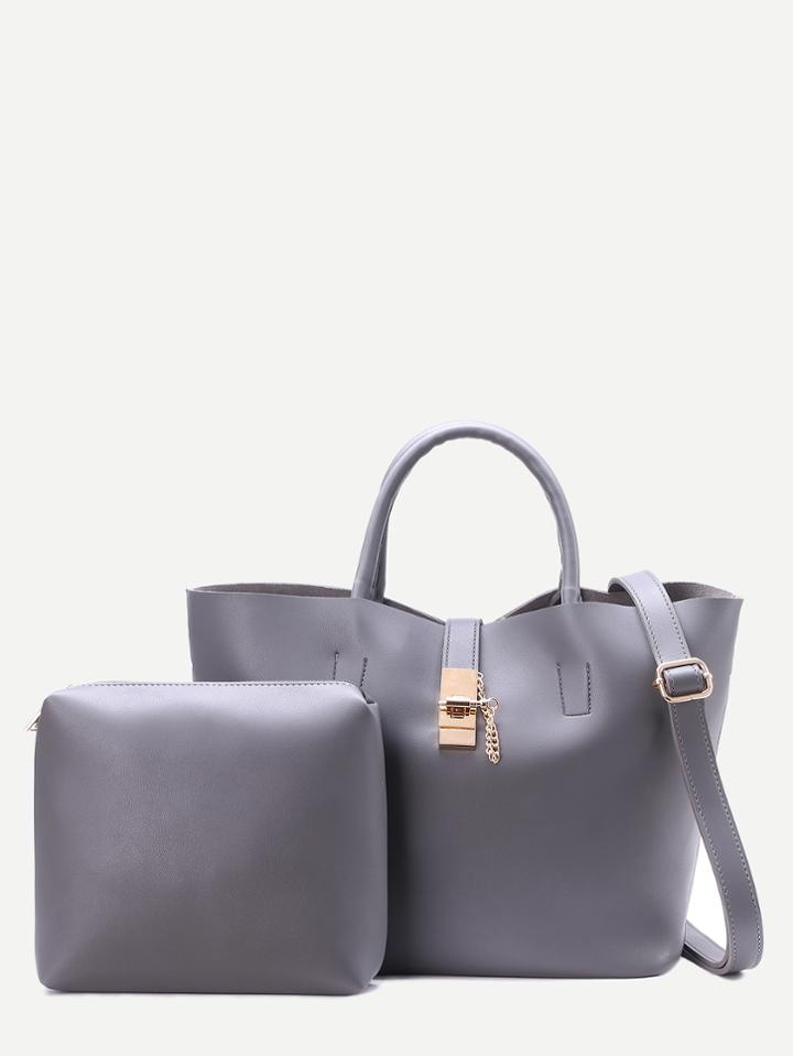 Shein Grey Pu Tote Bag With Clutch