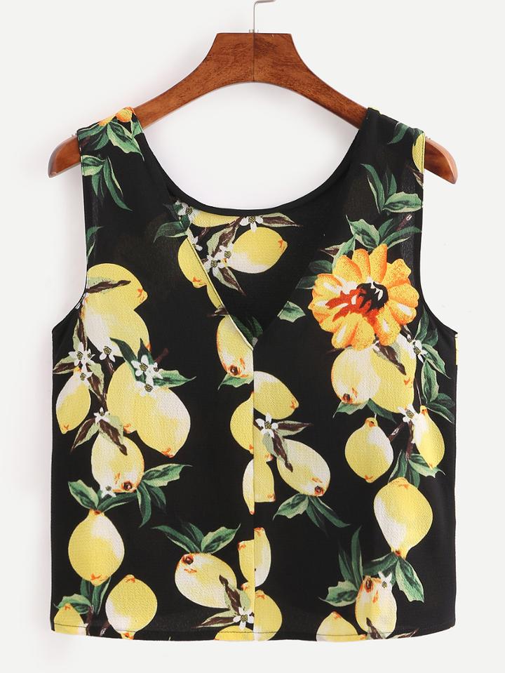 Shein V-neck Lemon Print Tank Top - Black