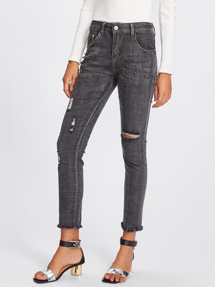 Shein Studded Ripped Raw Hem Jeans