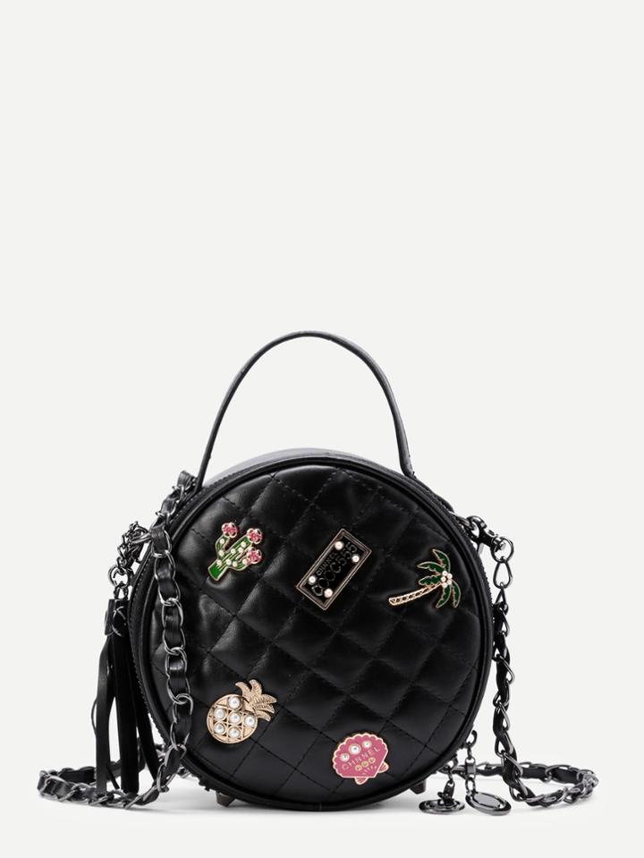 Shein Patch Detail Quilted Ball Bag With Faux Pearl