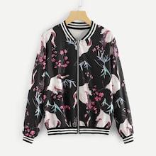 Shein Striped Trim Crane Bird Print Jacket