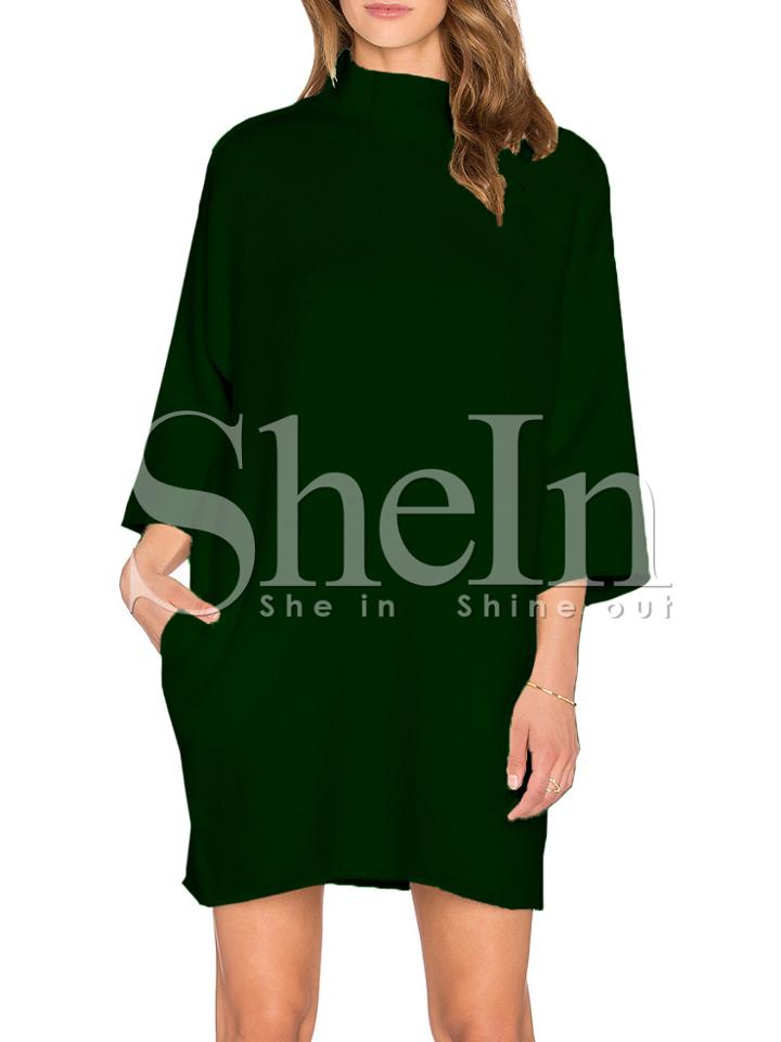 Shein Dark Green High Neck Pockets Dress