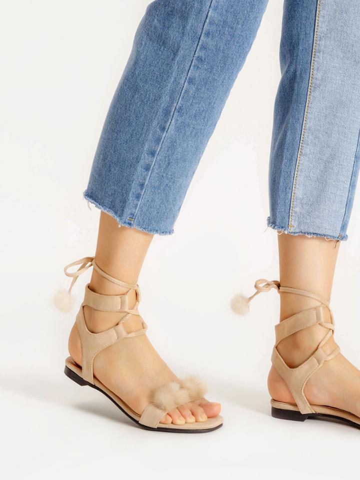 Shein Faux Fur Lace Up Flat Sandals