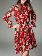 Shein Red Tie Neck Ruffle Floral Dress