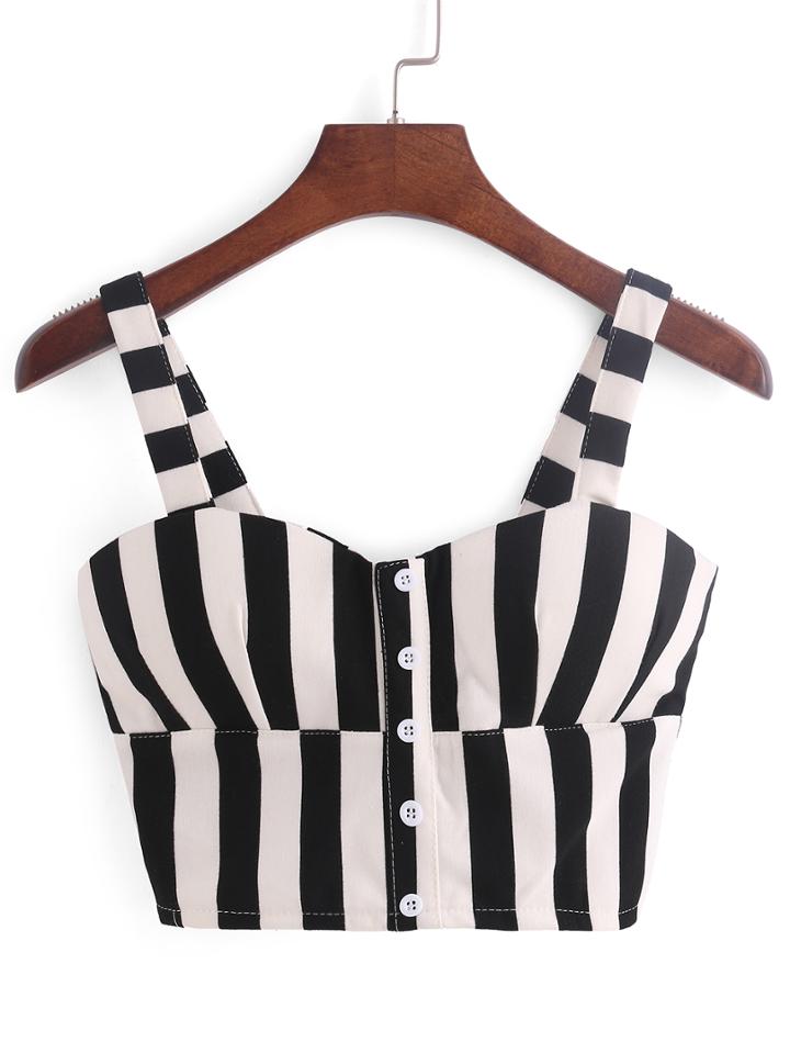 Shein Vertical Striped Buttoned Front Shirred Wide Strap Top