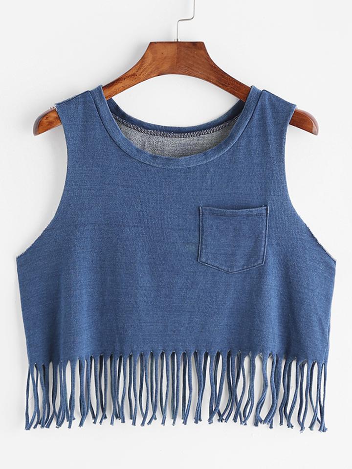 Shein Denim Look Pocket Front Fringe Tank Top