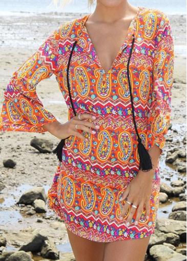 Rosewe Three Quarter Sleeve Tribal Print Shift Dress