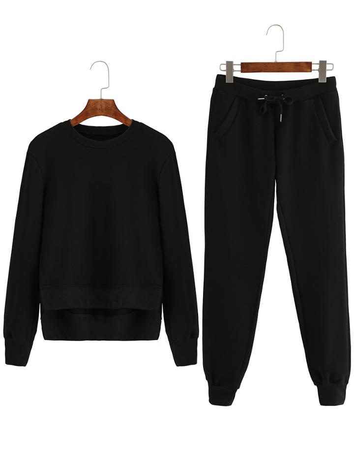 Shein Black Crew Neck Dip Hem Top With Drawstring Pant