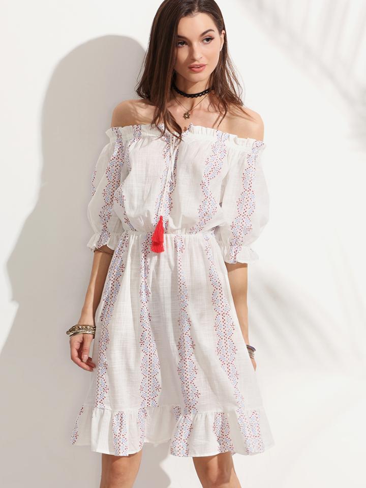 Shein White Off The Shoulder Tribal Print Ruffle Dress With Tassel Tie