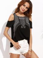Shein Black Embroidered Round Neck Cold Shoulder T-shirt