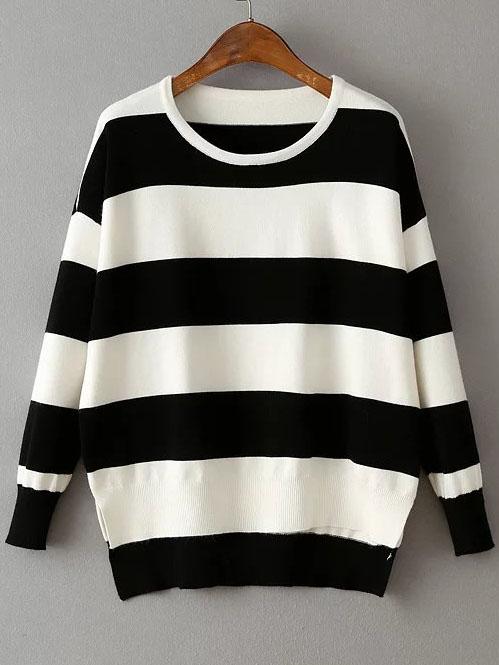 Shein Black Contrast Striped Split Side Dip Hem Knitwear