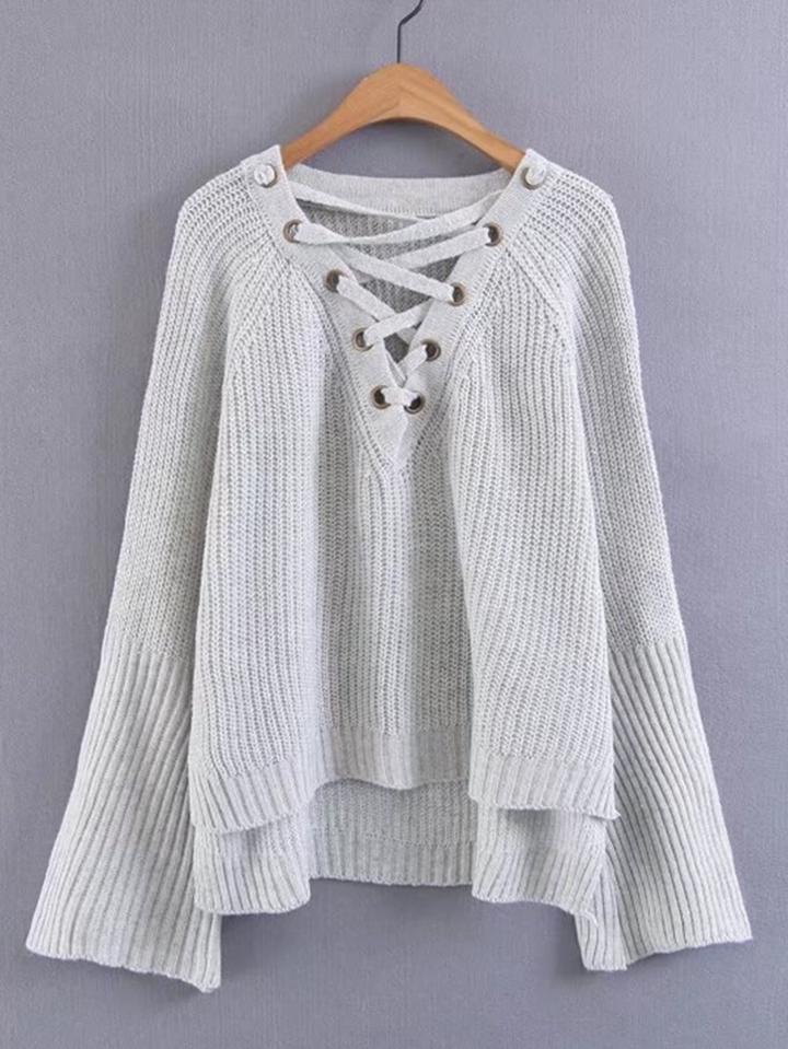 Shein Lace Up V Neck Dip Hem Knitwear