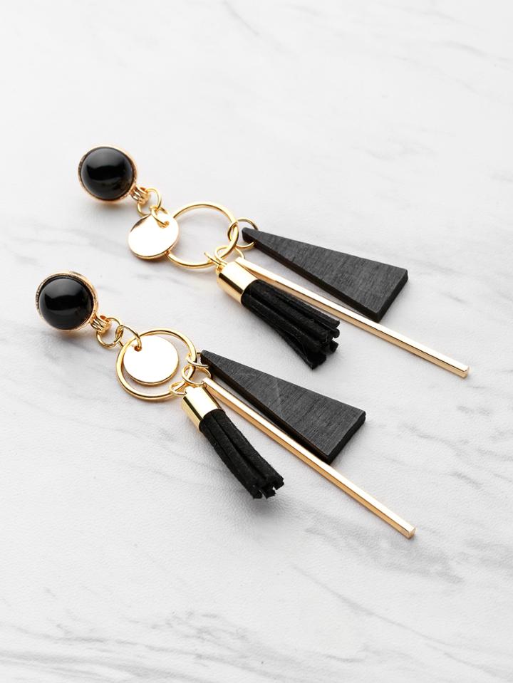 Shein Triangle And Tassel Detail Drop Earrings With Gemstone