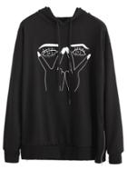 Shein Black Gesture Print Zip Side Hooded Sweatshirt