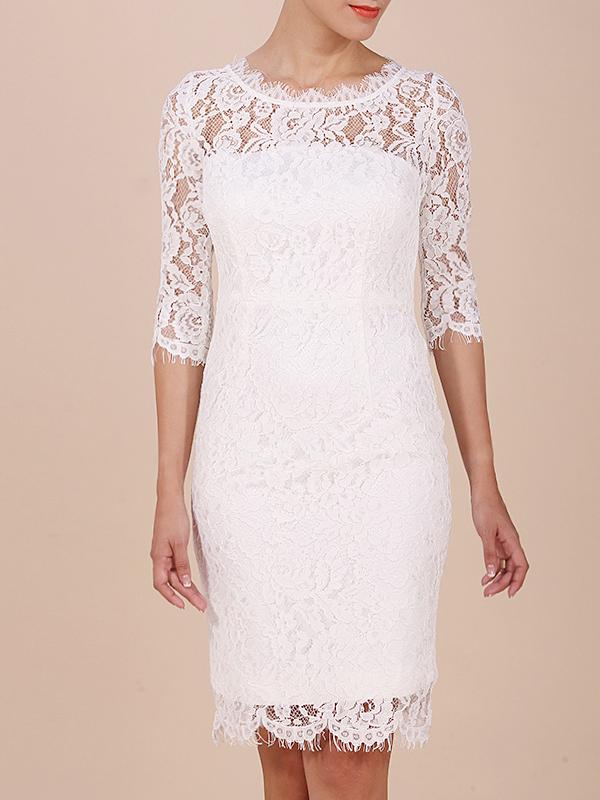 Shein White Round Neck Half Sleeve Lace Dress