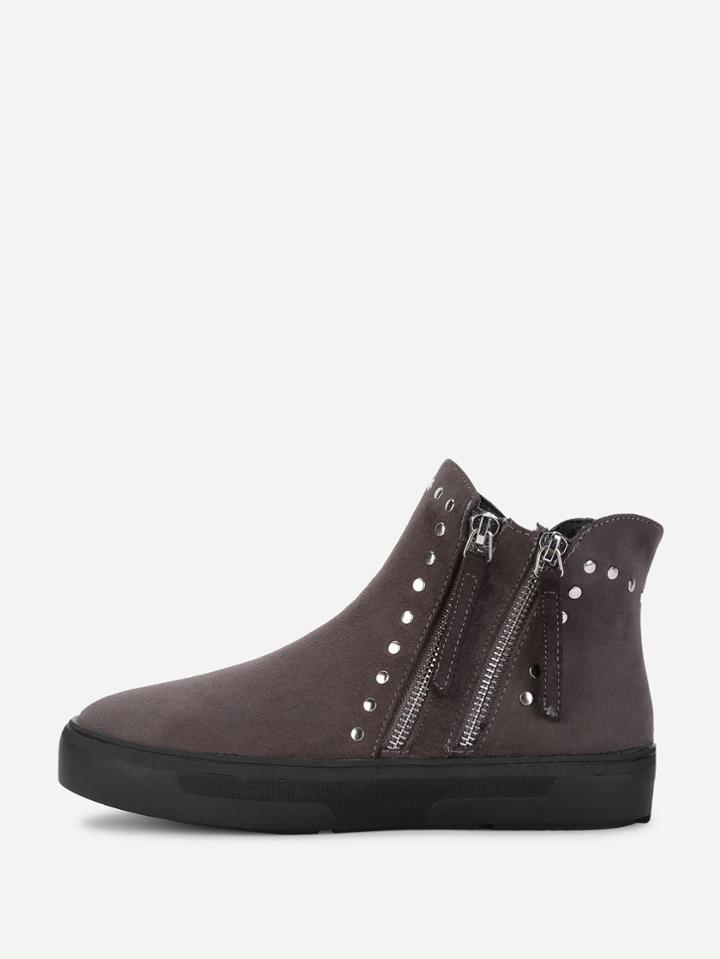 Shein Side Zipper Studded Detail Flat Boots