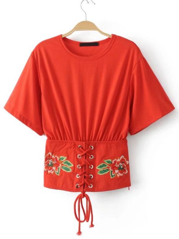 Shein Eyelet Lace Up Obi Belt T-shirt