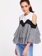 Shein Contrast Gingham Open Shoulder Tiered Frill Top