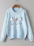 Shein Blue Hat Embellished Drop Shoulder Cute Sweater