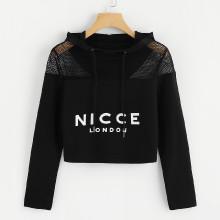 Shein Eyelet Mesh Yoke Crop Hoodie