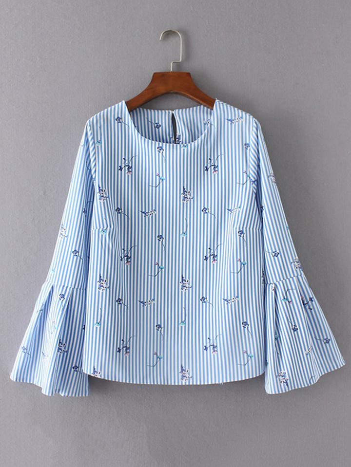 Shein Bell Sleeve Vertical Striped Keyhole Back Blouse